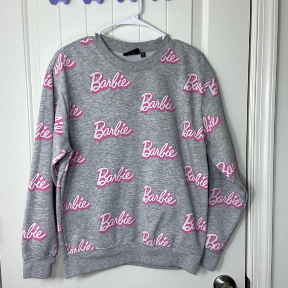 Barbie Tops - Barbie women’s medium gray pink logo decal soft‎ comfy crewneck sweatshirt top M